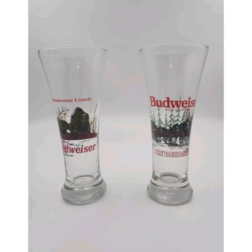 Vintage Budweiser Beer Glasses‎ - Set Of 2 - Talking Lizards And Clydesdales